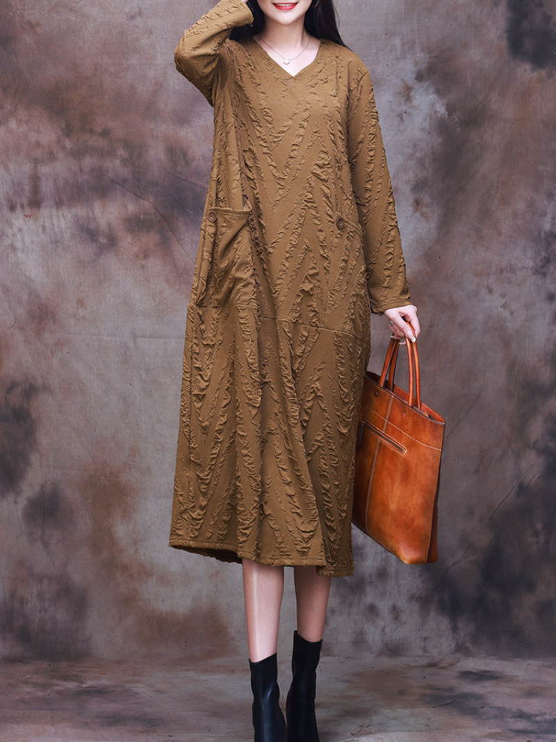 V Neck Long Sleeve Chevron Crinkle Texture Patch Pocket Midi Dress
