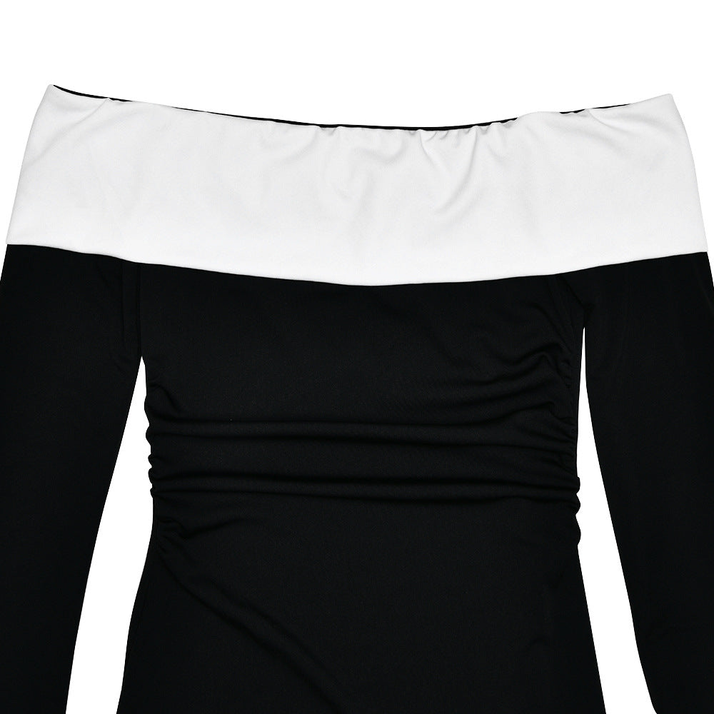 Off Shoulder Contrast Band Long Sleeve Mini Dress