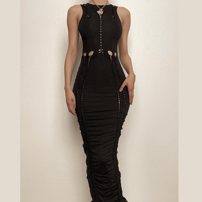 Crewneck Sleeveless Ladder Stitch Cutout Ruched Bodycon Maxi Dress