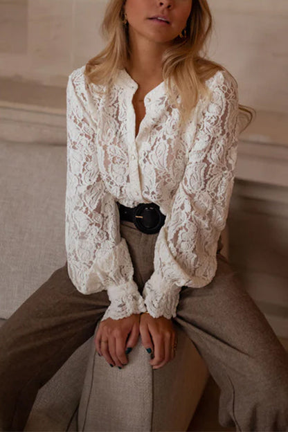 Ruffle Long Sleeves Button Up Lace Shirt