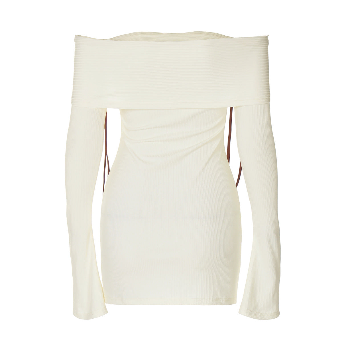Off Shoulder Rib Knit Bell Sleeve Bow Shoulder Mini Dress