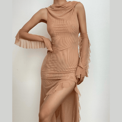 Cowl Neck Sheer Mesh Ruffle Gloves High Slit Maxi Dress