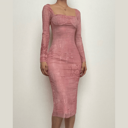 Lace Trim Square Neck Long Sleeve Newspaper Print Bodycon Midi Dress