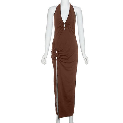 Halter Ring Detail Deep V Ruched Side Slit Bodycon Maxi Dress
