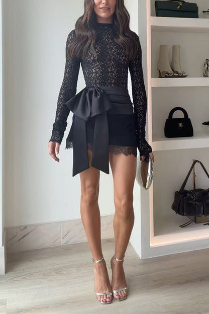 Lace Trim Tie Bow Mini Skirt
