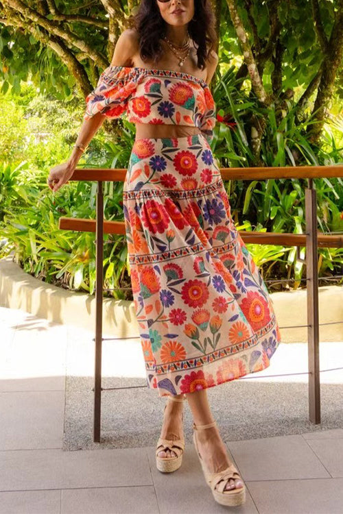 Puff Sleeves Back Cut Out Floral Print Crop Top