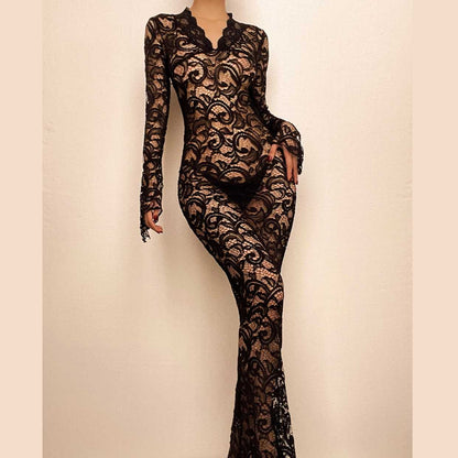 Lace V Neck Long Sleeve Sheer Flared Leg Jumpsuit