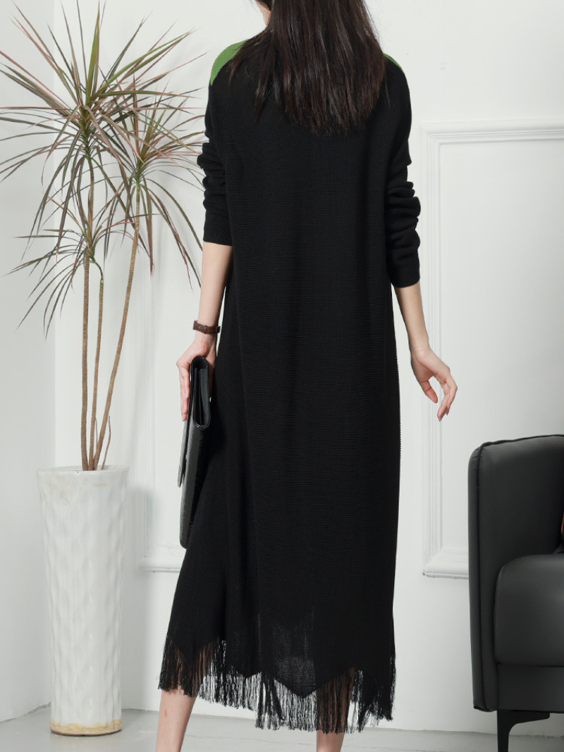 V Neck Chevron Panel Fringe Hem Rib Knit Maxi Dress