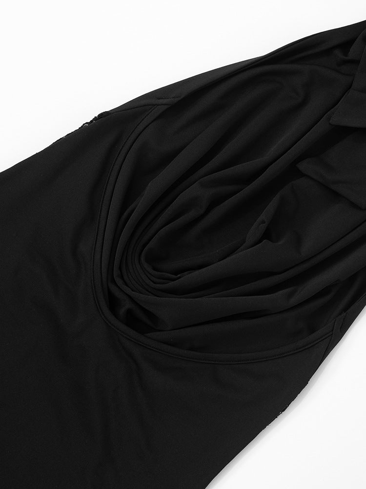Plunging Halter Cowl Lace Side Panel Mermaid Maxi Gown