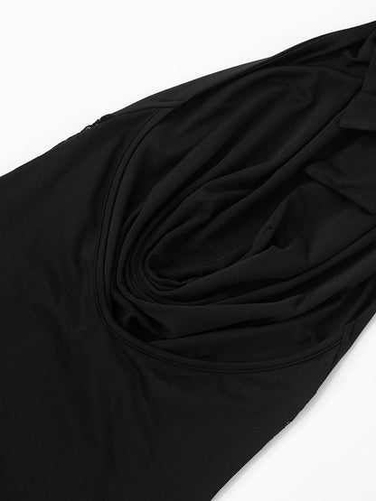 Plunging Halter Cowl Lace Side Panel Mermaid Maxi Gown