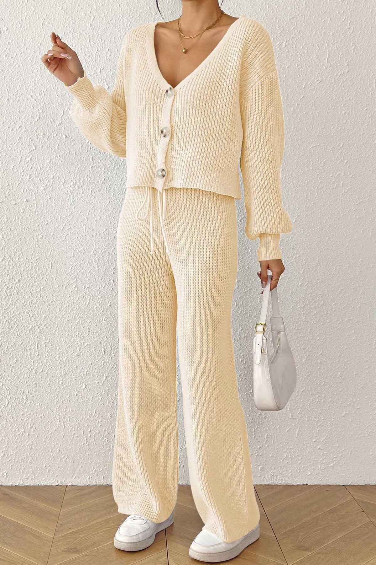 Button-down Crop Cardigan Pants Set