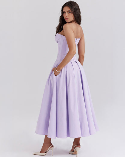 Strapless Corset Sweetheart Neckline Box Pleat A-Line Midi Dress