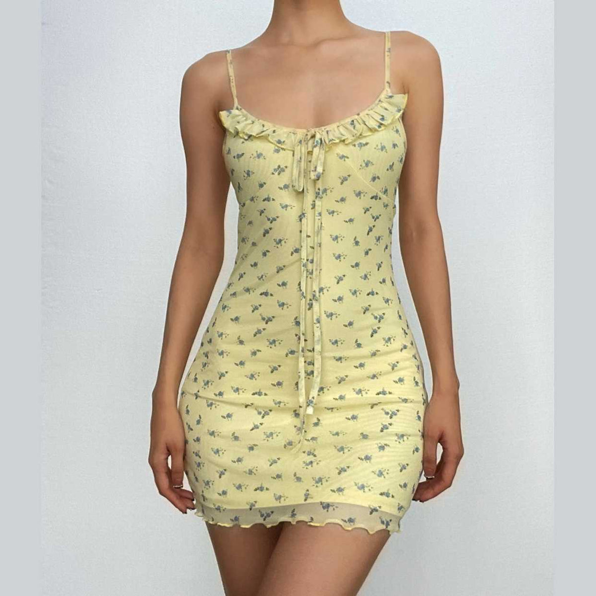 Floral Print Mesh Ruffle Self Tie Cami Mini Dress