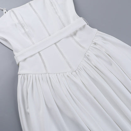 Square Neck Corset Basque Waist Pleated Midi Dress