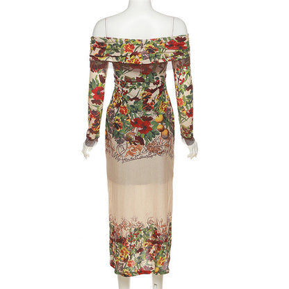 Off Shoulder Deep V Print Mesh Cuff Long Sleeve Maxi Dress