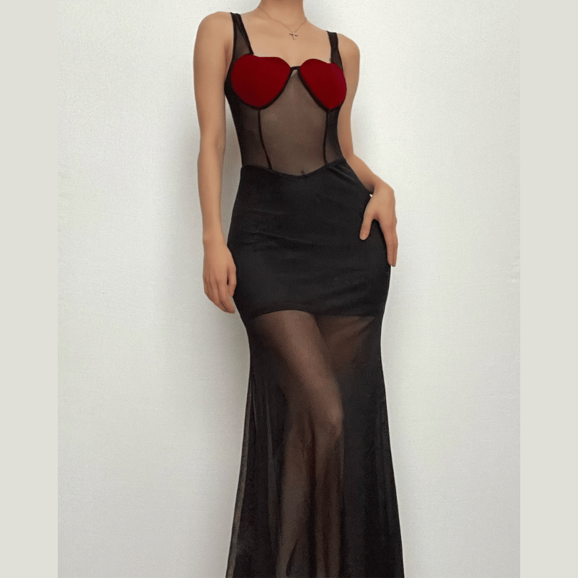 Thick Strap Heart Cup Mesh Panel Sleeveless Column Maxi Dress