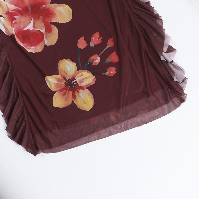 Spaghetti Strap Scoop Neck Side Ruffle Trim Floral Maxi Dress
