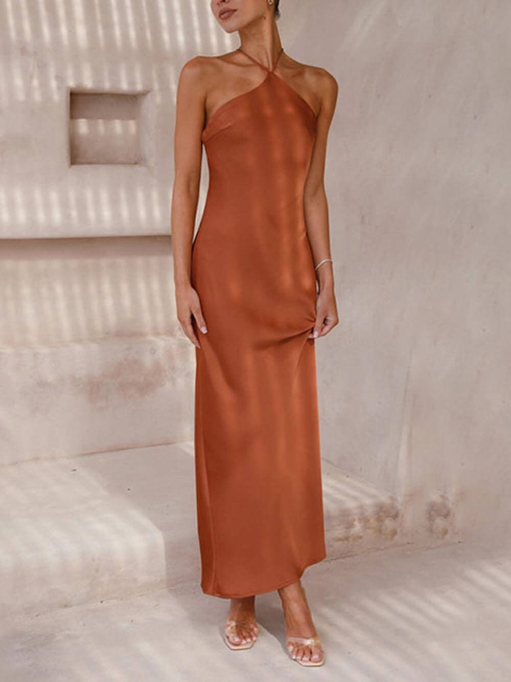 Halter Neck Spaghetti Strap Satin Column Midi Dress