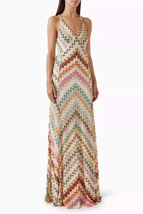 V Neck Open Back Colorful Print Maxi Dress