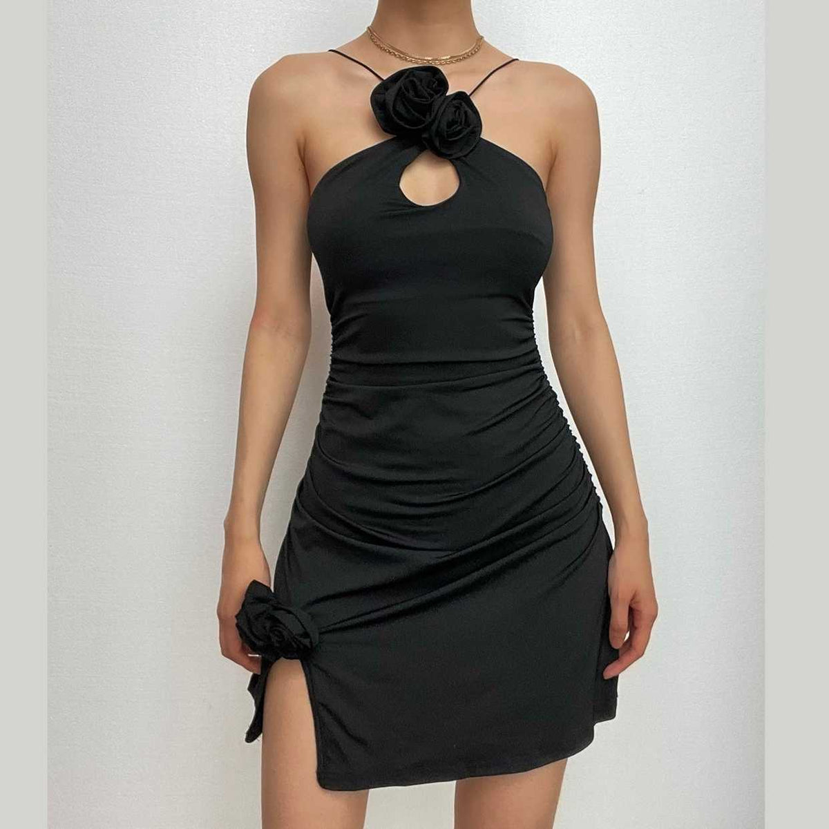 Halter Flower Applique Keyhole Ruched Side Slit Mini Dress
