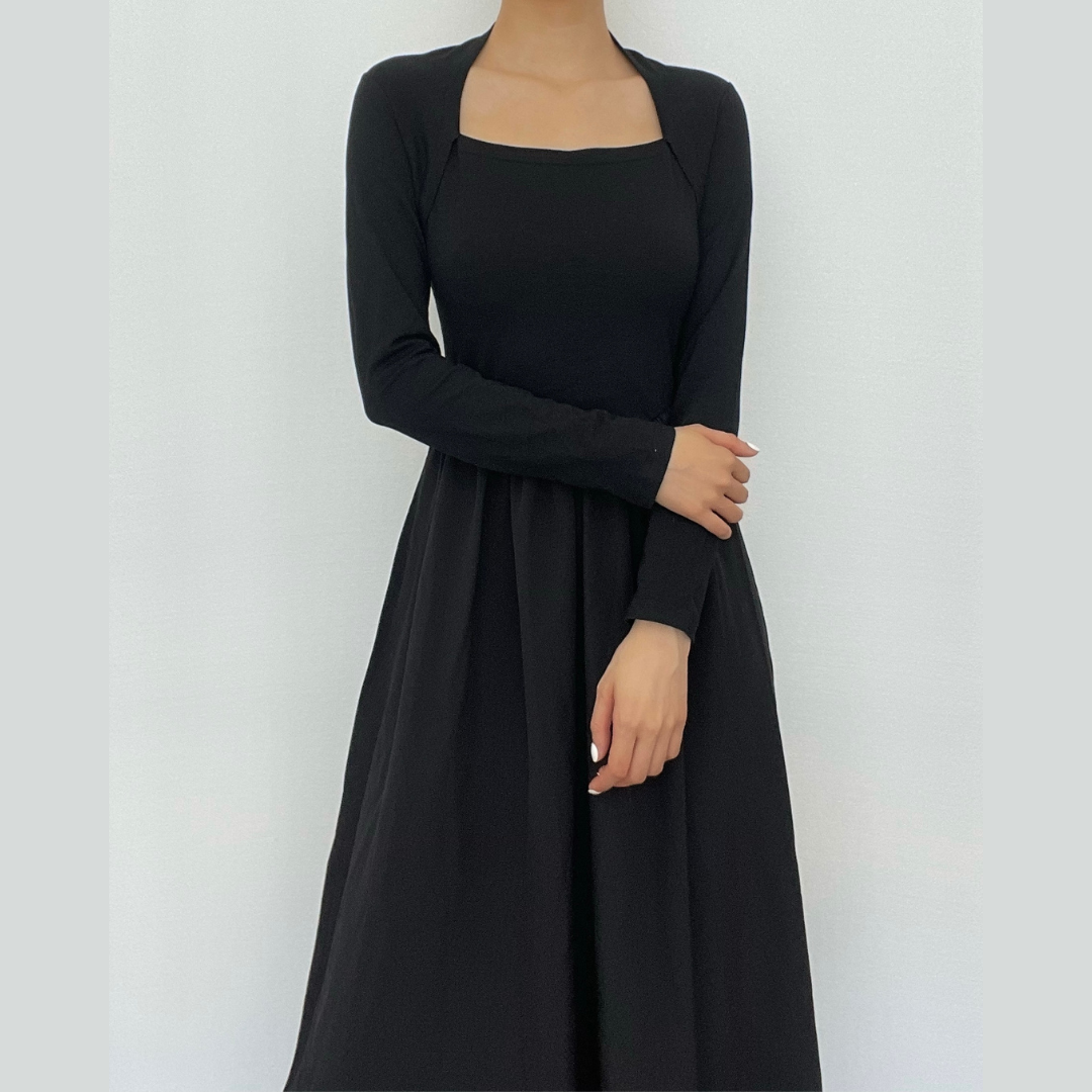 Layered Square Neck Long Sleeve A Line Midi Dress