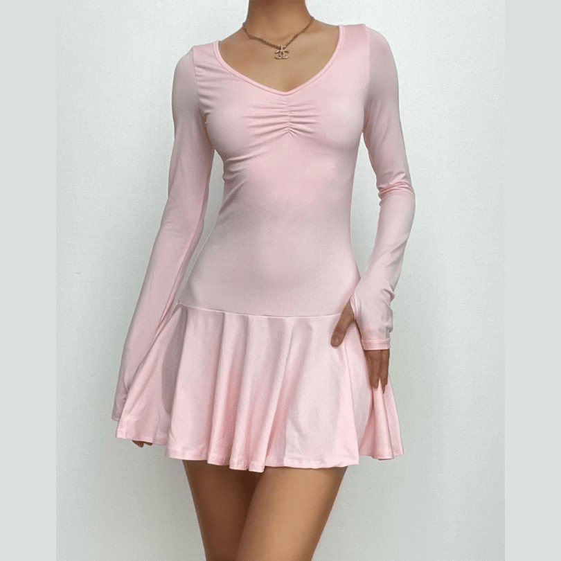 Deep V Ruched Glove Sleeve Ruffle Trim Mini Dress