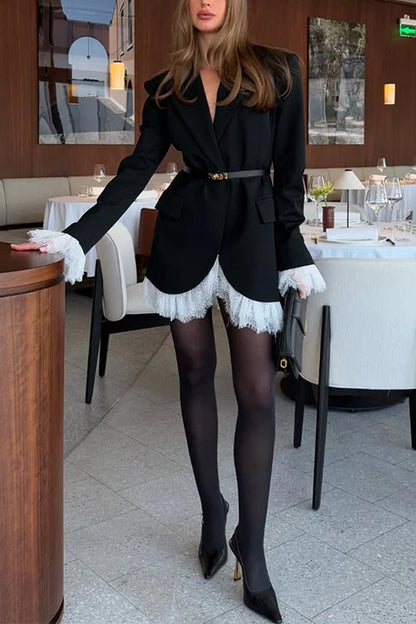 Notch Lapel V Neck Single Breasted Lace Trim Blazer