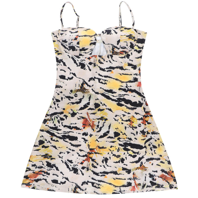 Sweetheart Keyhole Spaghetti Strap Abstract Brushstroke Mini Dress