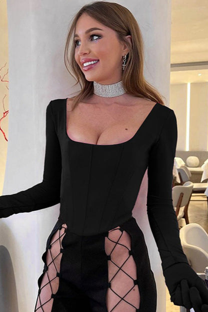 Long-Sleeve Waist-Defined Fitted Crop Top