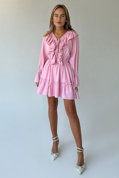 V-Neck Lace-Up Ruffle Trim Balloon Sleeve Mini Dress