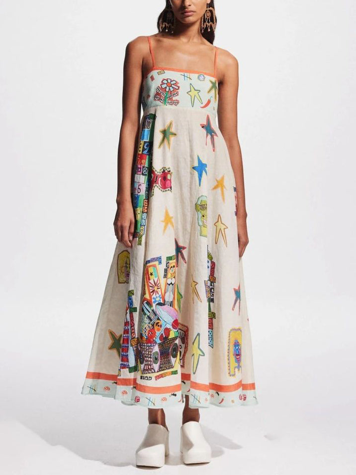 Spaghetti Strap Empire Waist Doodle Print Pocket A-Line Maxi Dress