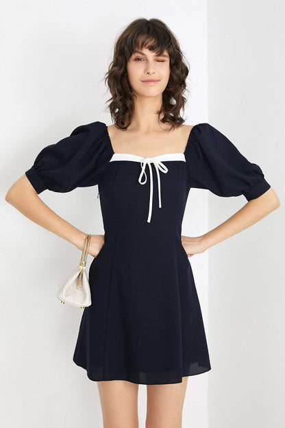 Square Neck Puff Sleeve Contrast Trim Tie Front A-Line Mini Dress
