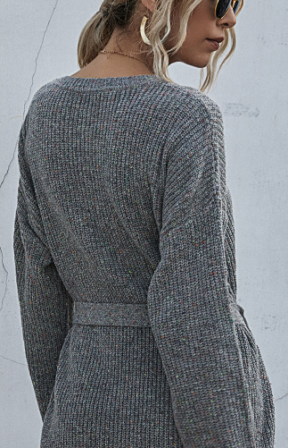 Rib Knit Long Batwing Sleeve Self Tie Belt Mini Sweater Dress