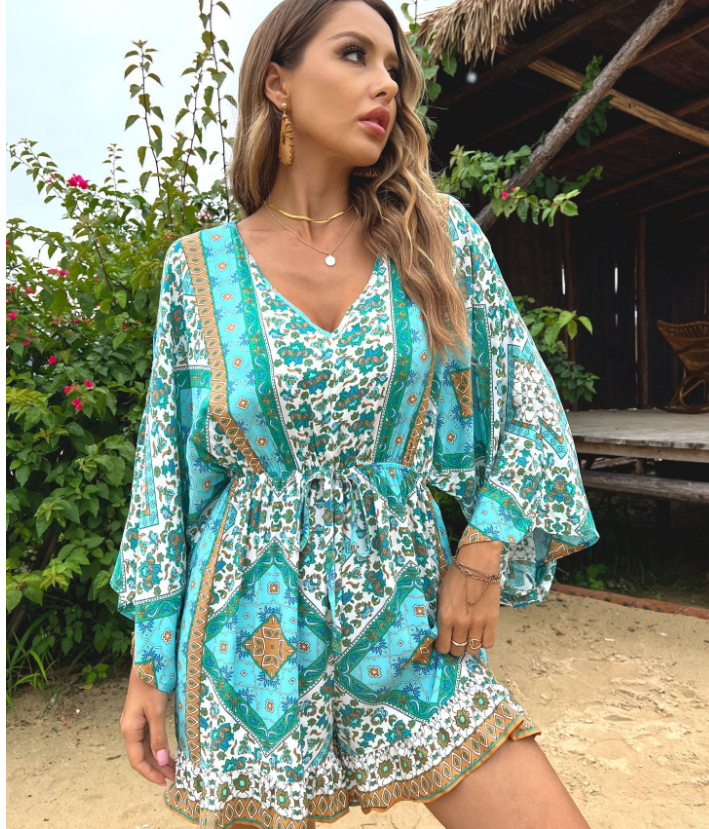 Deep V Neck Kimono Sleeve Drawstring Waist Mosaic Print Mini Dress
