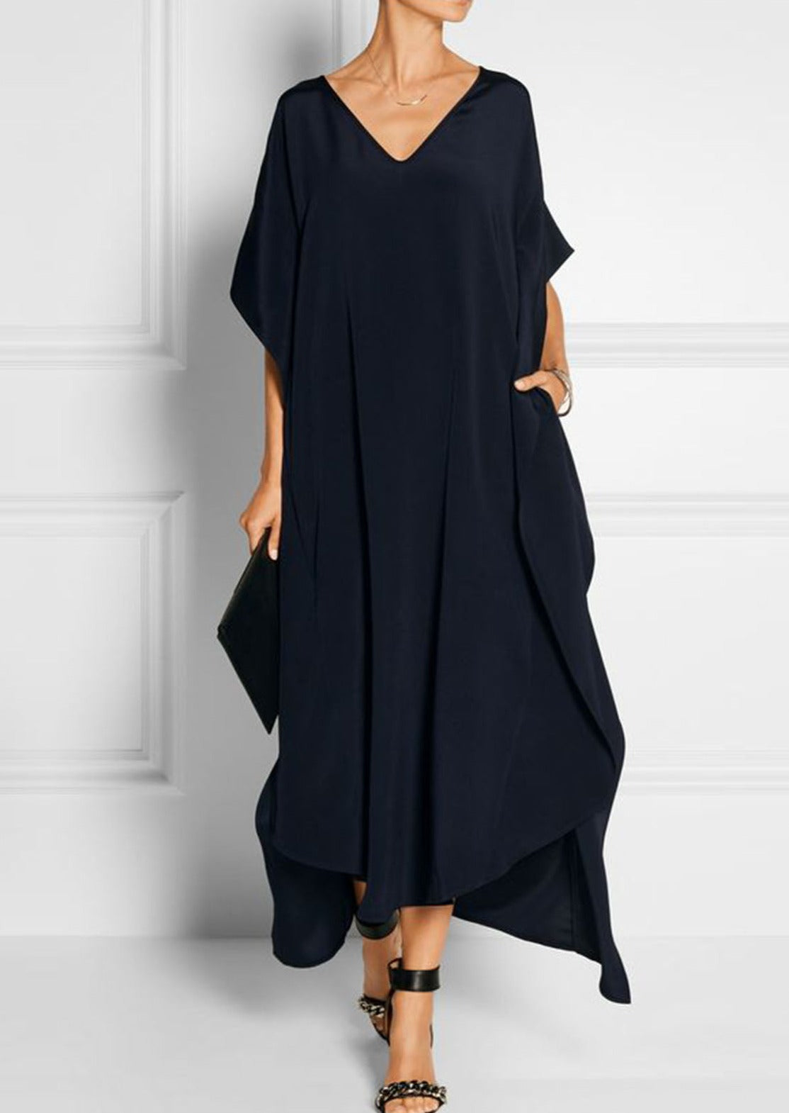 Deep V Neck Batwing Sleeve Side Pocket Draped Kaftan Maxi Dress