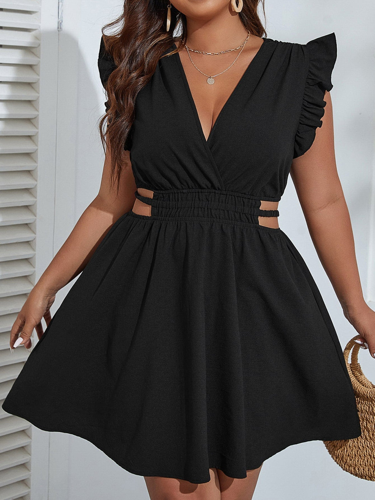 Ruffle Trim Cut Out Waist Dress
