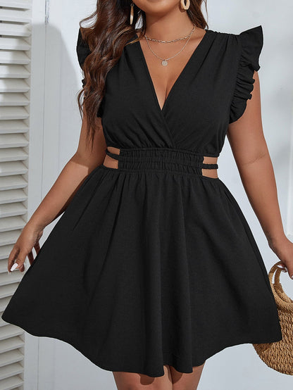 Ruffle Trim Cut Out Waist Dress