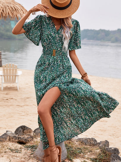 Print Wrap V-Neck Flutter Sleeve Belted High-Slit Maxi Dress