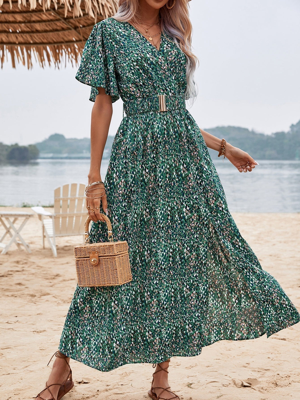 Print Wrap V-Neck Flutter Sleeve Belted High-Slit Maxi Dress