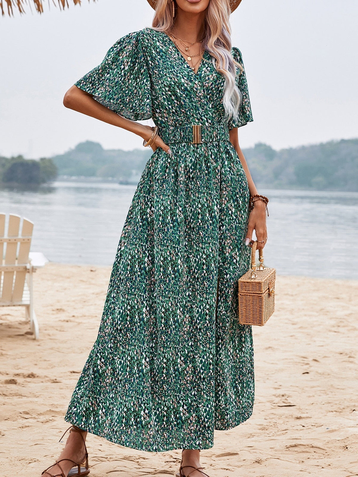 Print Wrap V-Neck Flutter Sleeve Belted High-Slit Maxi Dress