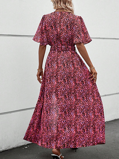 Print Wrap V-Neck Flutter Sleeve Belted High-Slit Maxi Dress