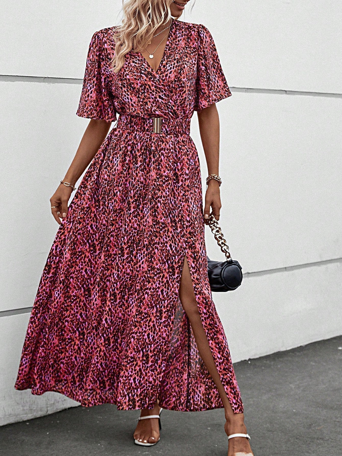 Print Wrap V-Neck Flutter Sleeve Belted High-Slit Maxi Dress