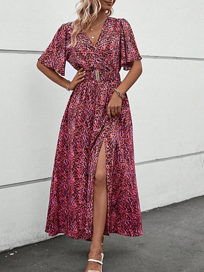 Print Wrap V-Neck Flutter Sleeve Belted High-Slit Maxi Dress