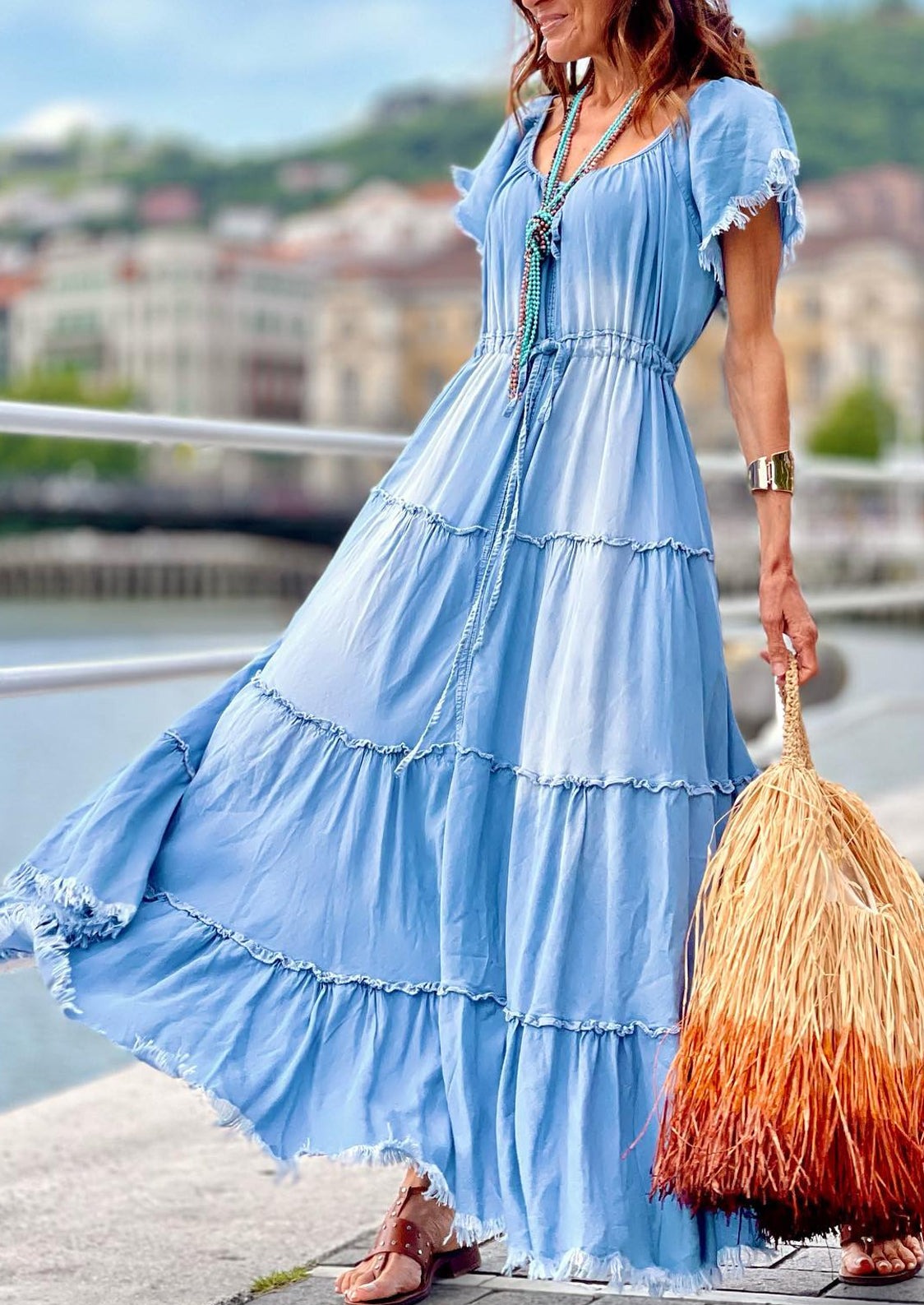 Scoop Neck Drawstring Waist Frayed Tier Raw Edge Maxi Dress