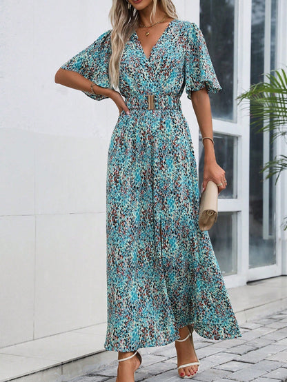 Print Wrap V-Neck Flutter Sleeve Belted High-Slit Maxi Dress