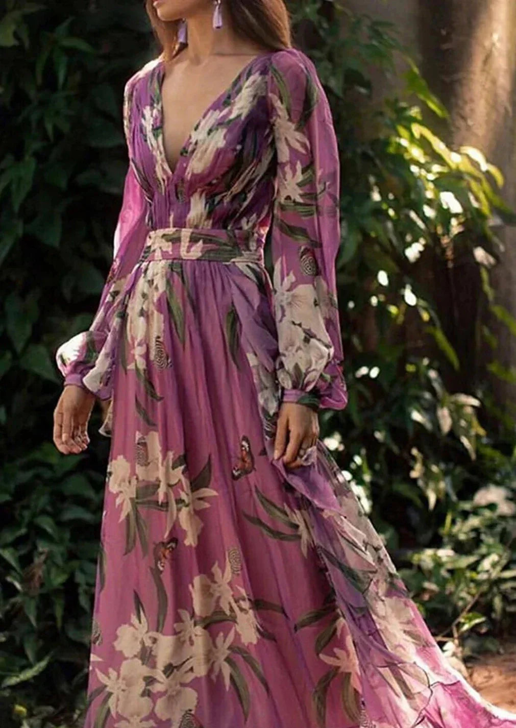 Deep V Neck Bishop Sleeve Butterfly Floral Print Belted Maxi Dress