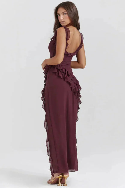 Ruffle Strap Square Neck Wrap Slit Chiffon Maxi Dress
