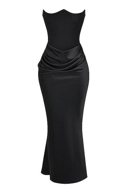 Strapless Pointed Sweetheart Corset Ruched Waist Column Maxi Gown