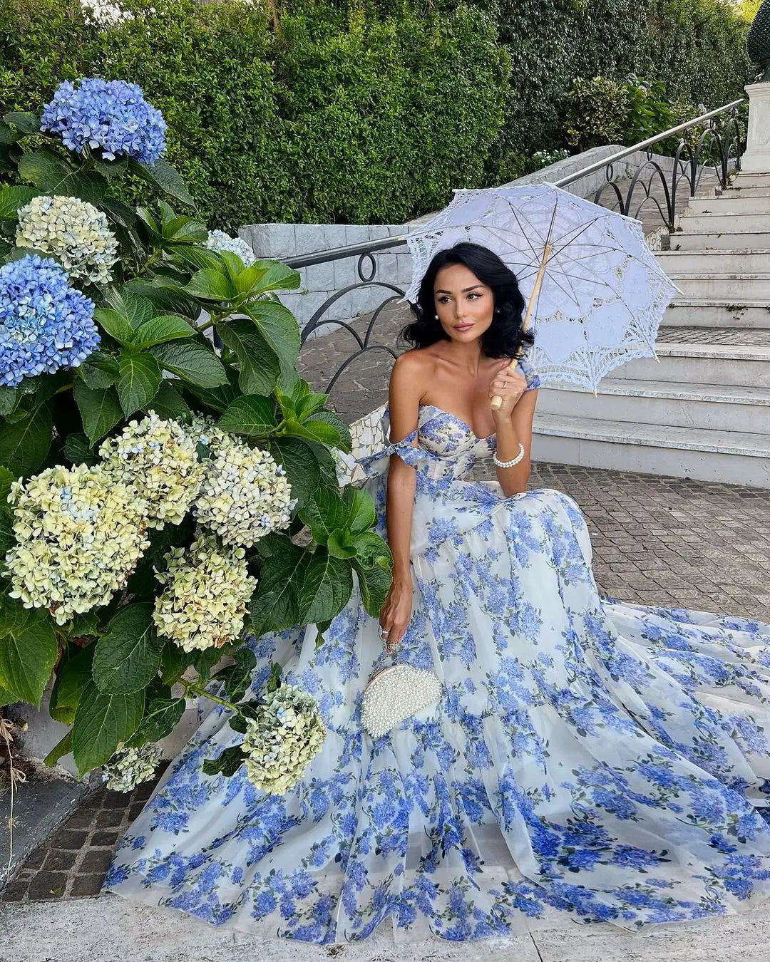 Corset Bodice Ruffle Strap Tiered Hydrangea Floral Maxi Gown