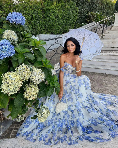 Corset Bodice Ruffle Strap Tiered Hydrangea Floral Maxi Gown